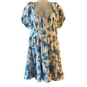 SHEIN Printed Short Blue/White A-Line Dress with Ballon Sleeves NWOT 1XL